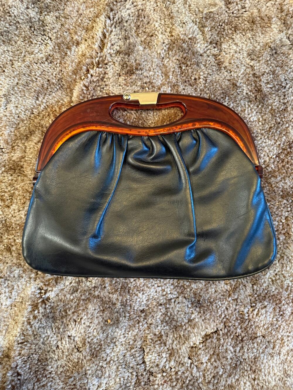 Vintage Mid-Century Black Faux Leather Clutch with Tortoiseshell Lucite Handle